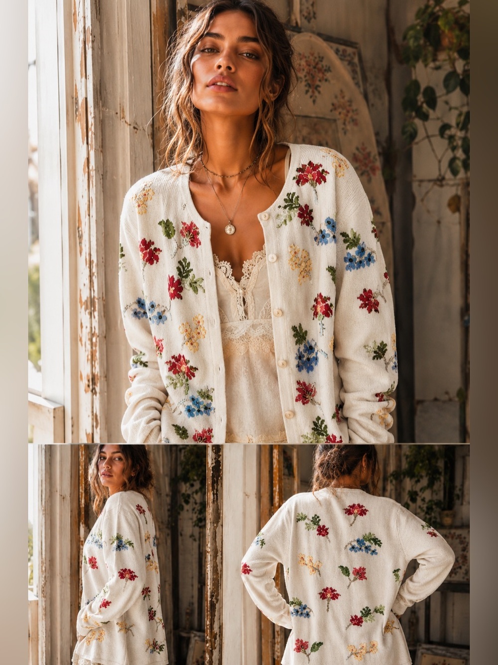 Talbots Petite Floral Embroidered Ramie Cotton Cardigan Cottagecore Boho Small - Picture 2 of 10
